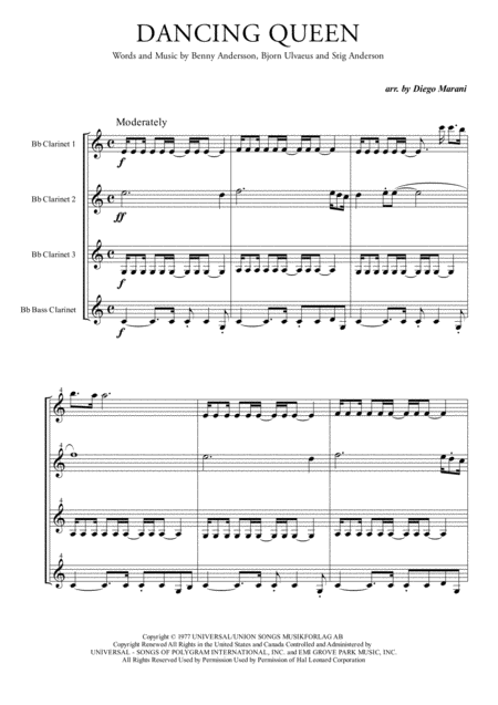 Free Sheet Music Dancing Queen By Abba For Clarinet Quartet