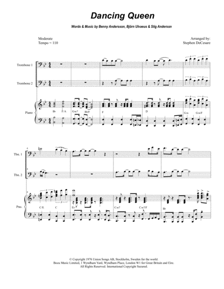 Free Sheet Music Dancing Queen Trombone Duet