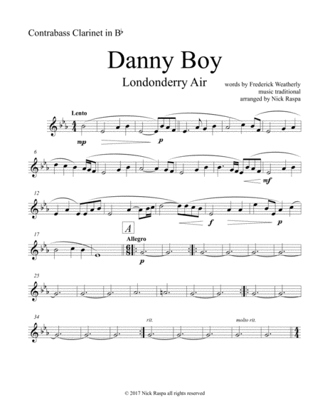 Danny Boy Clarinet Quintet Eb Bb 2 Bass C Bass Contrabass Clarinet Part Sheet Music