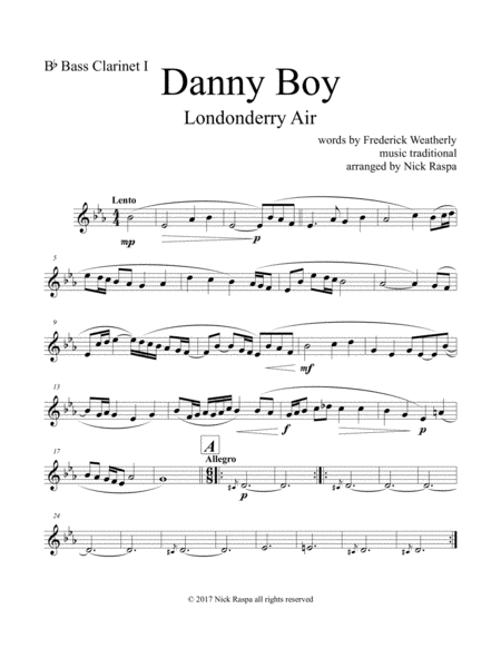 Danny Boy For Clarinet Quintet B Flat Bass Clarinet I Part Sheet Music