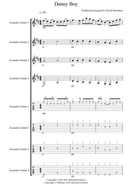 Free Sheet Music Danny Boy For Guitar Quartet