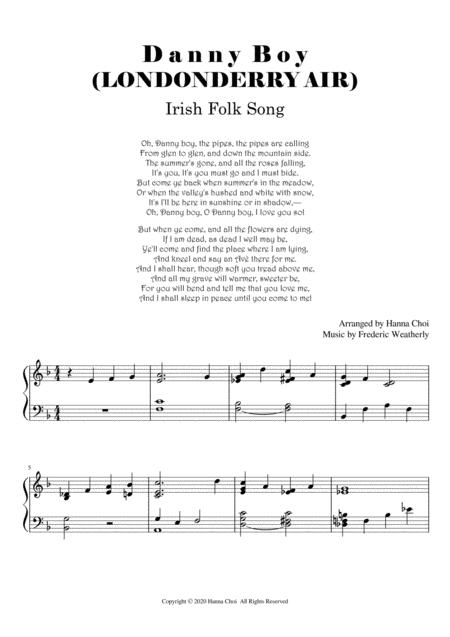 Danny Boy Londonderry Air Irish Folksong For Piano Solo Sheet Music