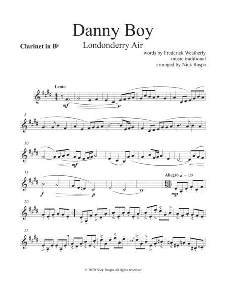 Danny Boy Londonderry Air Woodwind Quintet Clarinet Part Sheet Music