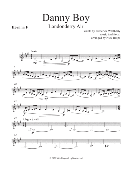 Free Sheet Music Danny Boy Londonderry Air Woodwind Quintet Horn In F Part