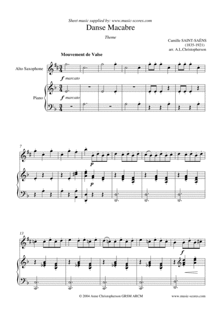 Free Sheet Music Danse Macabre Alto Saxophone And Piano