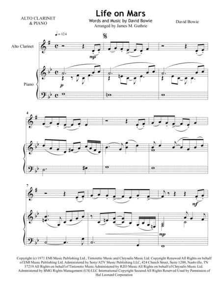 Free Sheet Music David Bowie Life On Mars For Alto Clarinet Piano