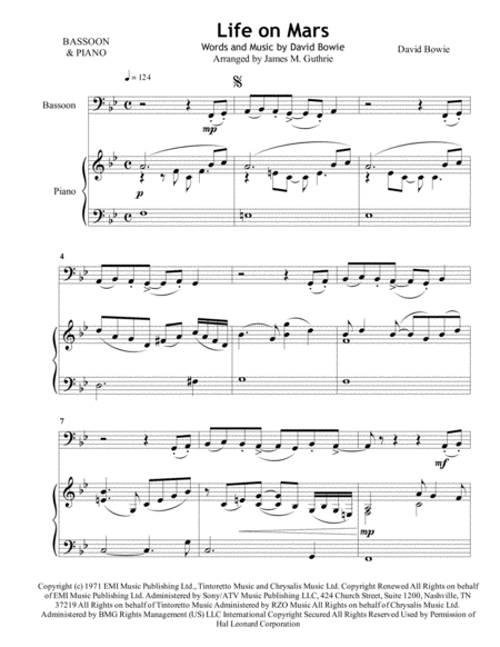 David Bowie Life On Mars For Bassoon Piano Sheet Music