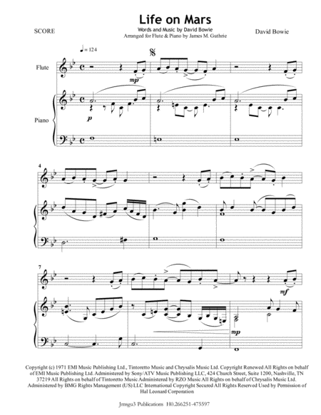 Free Sheet Music David Bowie Life On Mars For Flute Piano