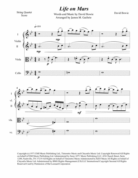 David Bowie Life On Mars For String Quartet Sheet Music