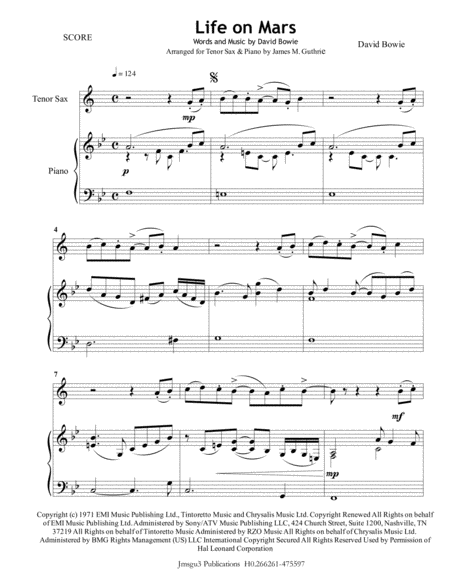 David Bowie Life On Mars For Tenor Sax Piano Sheet Music