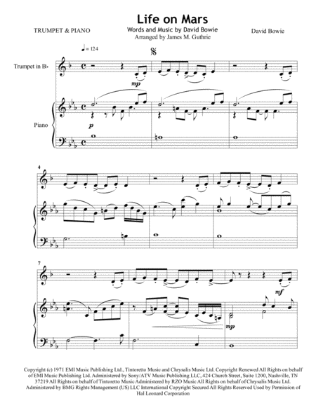 David Bowie Life On Mars For Trumpet Piano Sheet Music