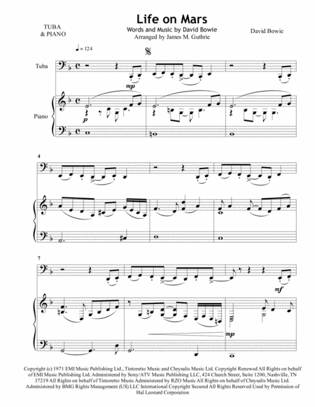 David Bowie Life On Mars For Tuba Piano Sheet Music