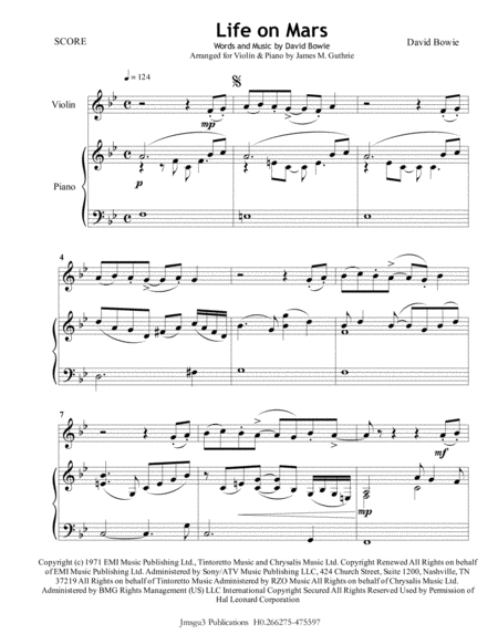 Free Sheet Music David Bowie Life On Mars For Violin Piano