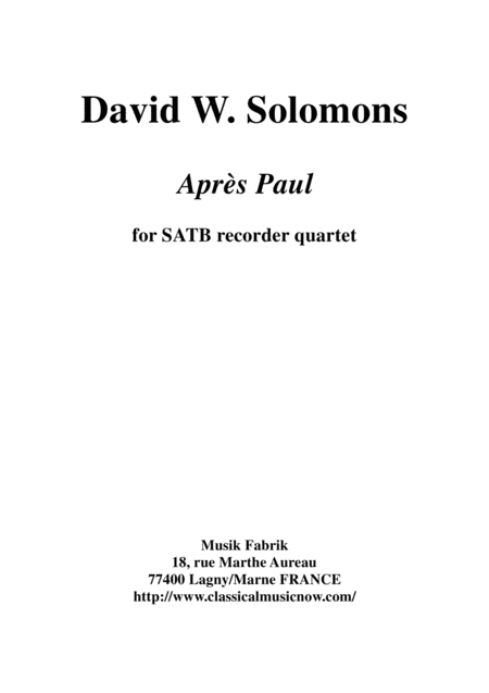 David Warin Solomons Aprs Paul For Satb Recorder Quartet Sheet Music