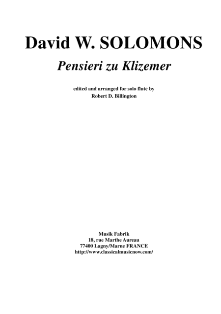 David Warin Solomons Pensieri Zu Klizemer For Solo Flute Sheet Music