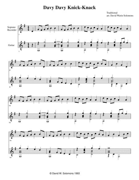 Free Sheet Music Davy Davy Knick Knack For Recorder And Guitar