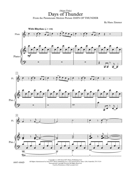 Free Sheet Music Days Of Thunder Main Title For Flute And Piano
