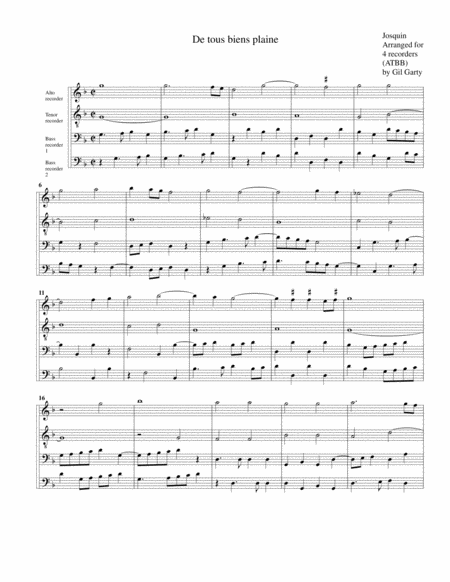 De Tous Biens Plaine Arrangement For 4 Recorders Sheet Music