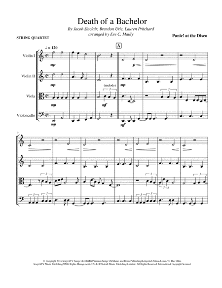 Death Of A Bachelor Panic At The Disco String Quartet Sheet Music