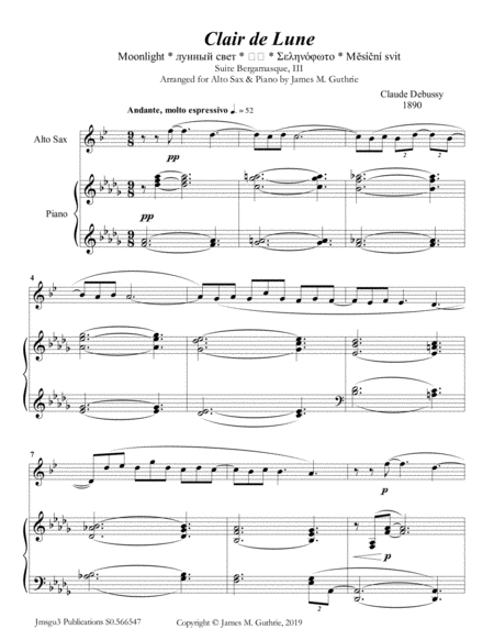 Debussy Claire De Lune For Alto Sax Piano Sheet Music