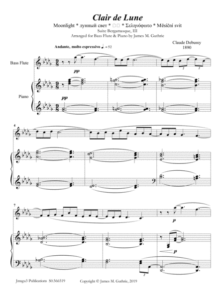 Debussy Claire De Lune For Bass Flute Piano Sheet Music