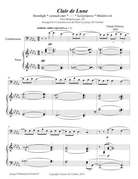 Debussy Claire De Lune For Contrabassoon Piano Sheet Music