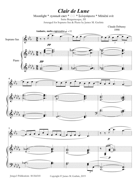 Free Sheet Music Debussy Claire De Lune For Soprano Sax Piano