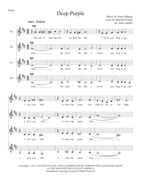 Deep Purple For Ssaa A Cappella Quartet Sheet Music