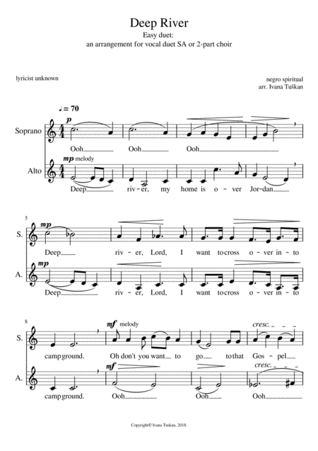 Free Sheet Music Deep River Easy Duet For Solo Voices Sa Or 2 Part Choir A Cappella