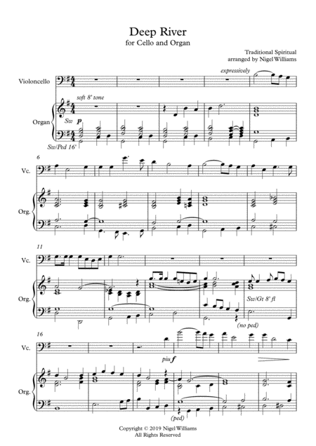 Deep River For Cello And Organ Sheet Music