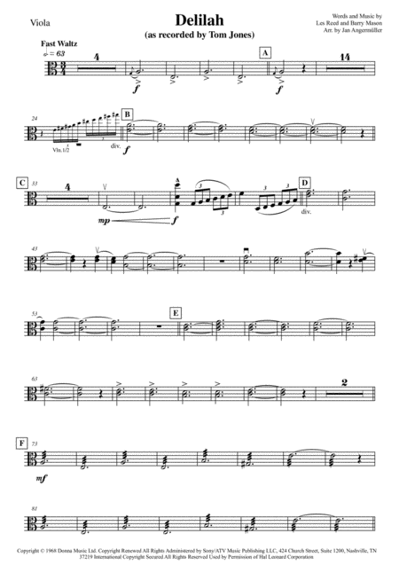 Delilah Viola Play A Long The Viola Part Of The Original Tom Jones Recording Sheet Music