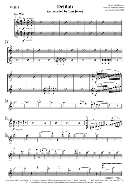 Delilah Violin 1 Play A Long The Violin 1 Part Of The Original Tom Jones Recording Sheet Music