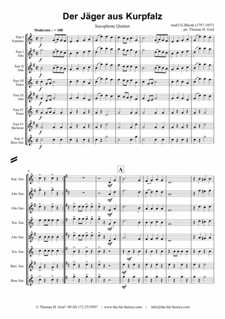 Der Jger Aus Kurpfalz German March Octoberfest Saxophone Quintet Sheet Music