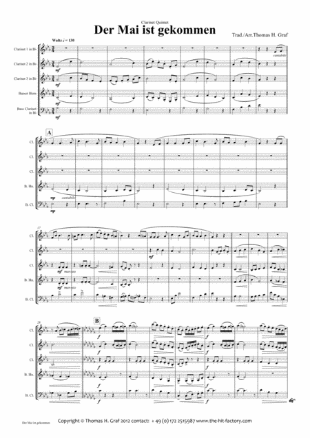 Free Sheet Music Der Mai Ist Gekommen German Folk Song Clarinet Quintet