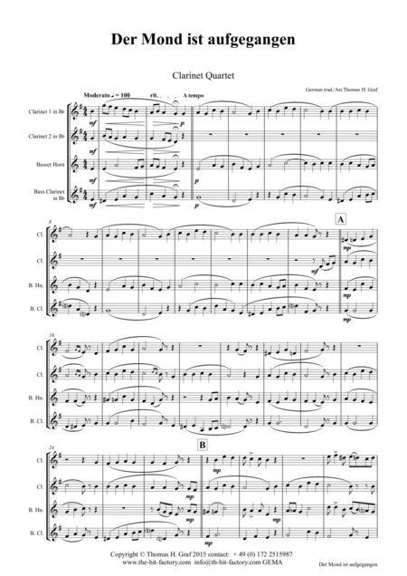 Free Sheet Music Der Mond Ist Aufgegangen German Folk Song Clarinet Quartet