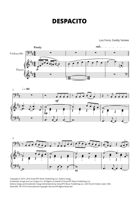 Despacito For Cello And Piano Sheet Music