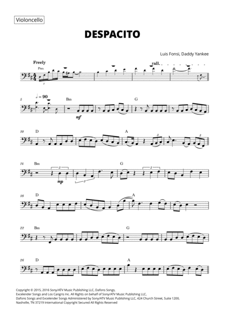 Despacito For Cello With Chords Sheet Music