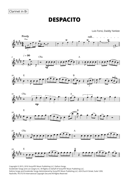 Despacito For Clarinet With Chords Sheet Music