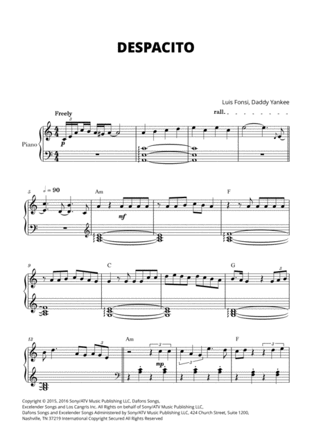 Free Sheet Music Despacito For Easy Piano