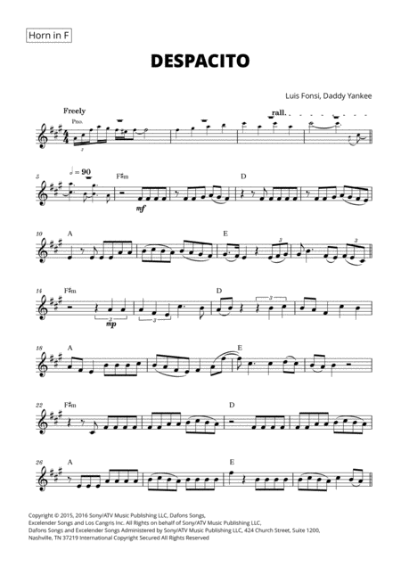 Despacito For French Horn With Chords Sheet Music