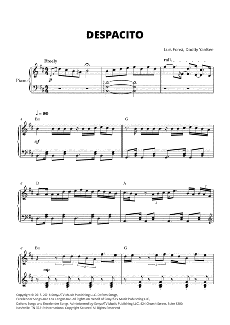 Free Sheet Music Despacito For Piano Solo With Chords