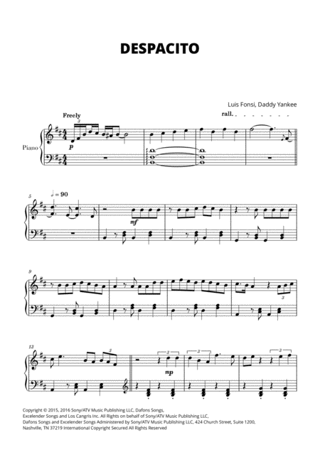 Despacito For Piano Solo Sheet Music