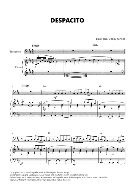 Free Sheet Music Despacito For Trombone And Piano With Chords