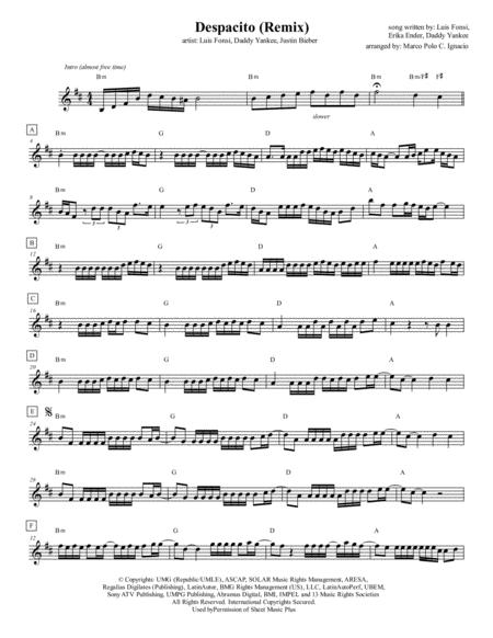 Despacito Luis Fonsi Daddy Yankee Justin Bieber Sheet Music