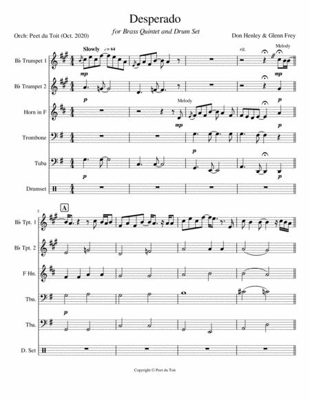 Free Sheet Music Desperado D Henley G Frey Brass Quintet And Drum Set