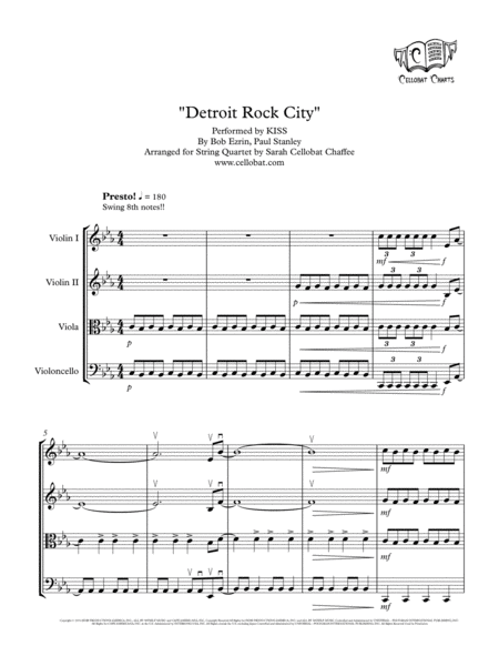 Free Sheet Music Detroit Rock City String Quartet Kiss Arr Cellobat