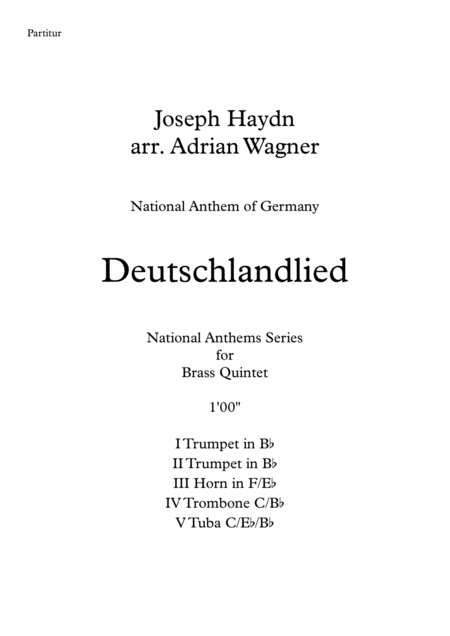 Deutschlandlied National Anthem Of Germany Brass Quintet Arr Adrian Wagner Sheet Music