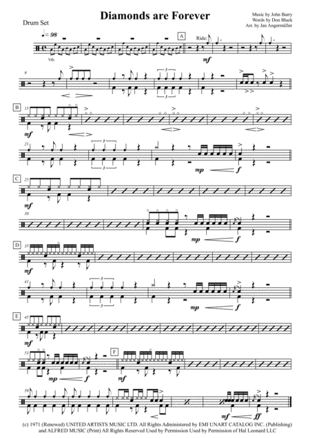 Diamonds Are Forever Drum Set Part Transcription Of The Original Shirley Bassey Recording Sheet Music