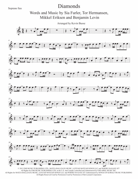 Free Sheet Music Diamonds Easy Key Of C Soprano Sax