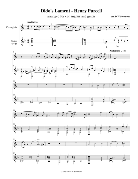 Free Sheet Music Didos Lament When I Am Laid In Earth Arranged For Cor Anglais And Guitar